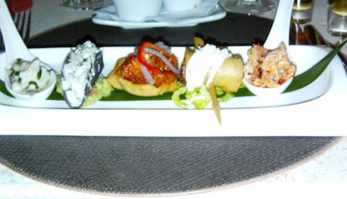 Snapper Ceviche, Tostada de Cochinita Pibil, Blue Corn tortilla Crab Taco, Oven Roasted Organic Chicken Flautas and Octopus Ceviche