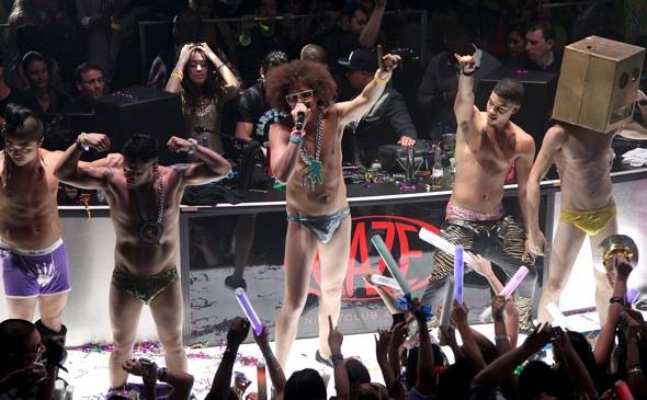 Over at Haze Nightclub at Aria LMFAO's RedFoo sans SkyBlu due to an 