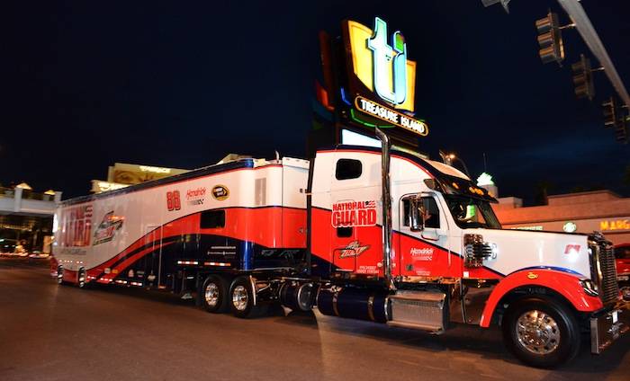 Dale Earnhardt Jr.’s NASCAR hauler on the Las Vegas Strip. Photo: Brian Jones, AP Photo/Las Vegas News Bureau 