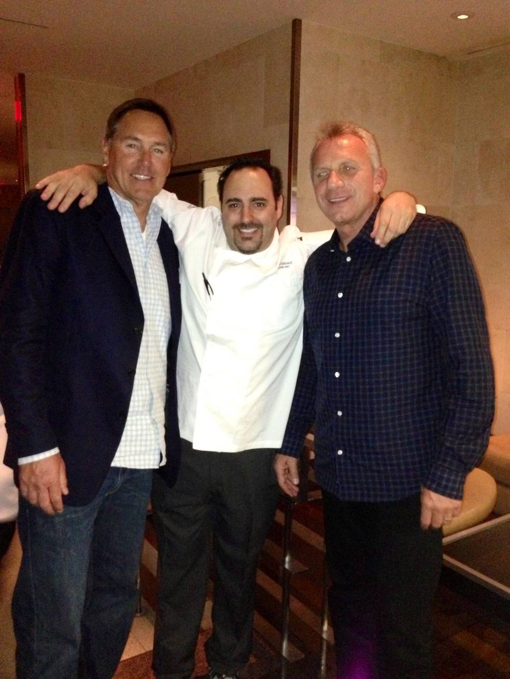 Dwight Clark, chef Barry Dakake and Joe Montana at N9NE Steakhouse 