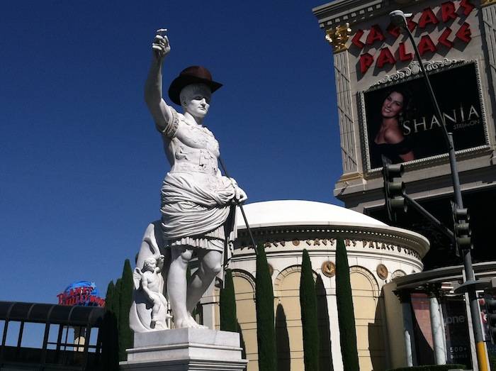 Caesar Augustus, first Emperor of the Roman Empire, welcomes guests in his cowboy best at the main entrance to Caesars Palace. Photo: Caesars Entertainment 
