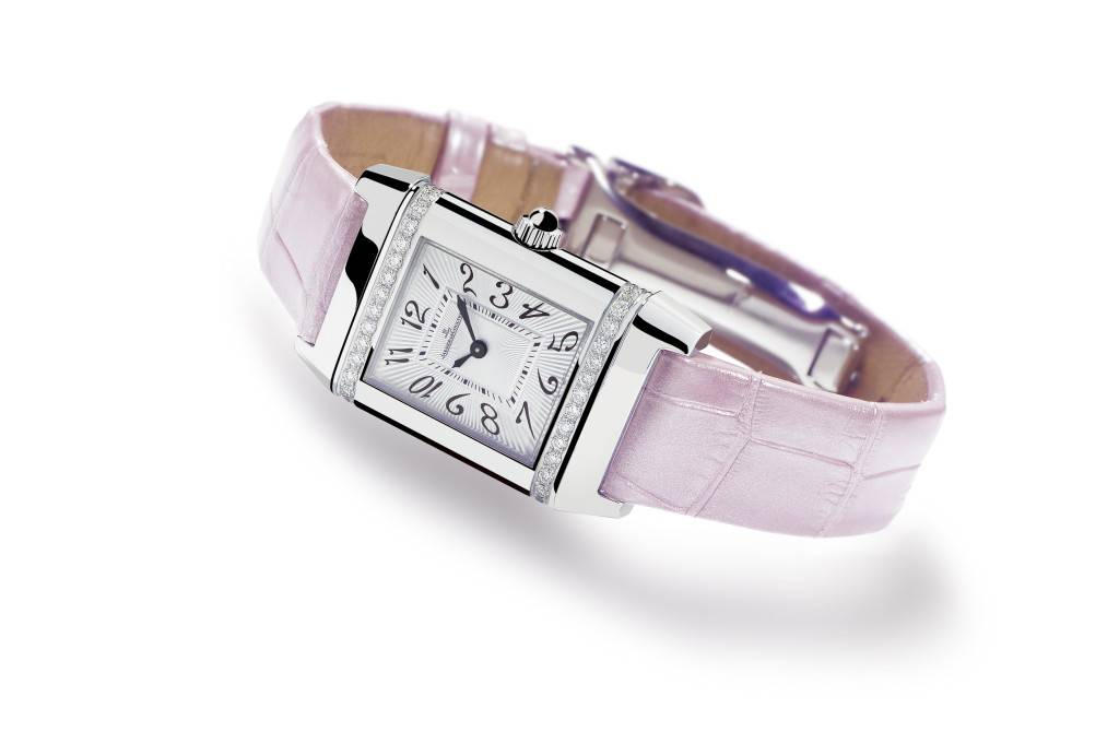 Jaeger-LeCoultre Reverso Lady Jewellery in steel and diamonds with a pink alligator strap