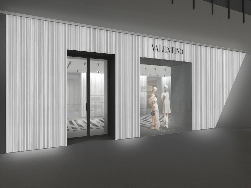 The facade of the new Valentino accessories boutique at Crystals.