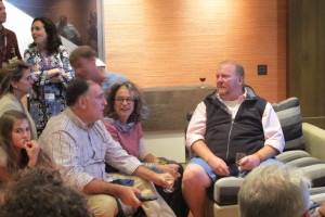 Jose Andres and Mario Batali talk basketball during the NBA finals at the Wines of Spain house on West Buttermilk.