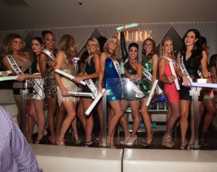 Miss New Mexico USA 2013, Kathleen Danzer; Miss Delaware USA 2013, Rachel Baiocco; Miss North Carolina USA 2013, Ashley Love-Mills; Miss Tennessee USA 2013, Brenna Mader; Miss Vermont USA 2013, Sarah Westbrook; Miss Indiana USA 2013, Emily Hart; Miss Oregon USA 2013, Gabrielle Neilan; Miss Montana USA 2013, Kacie West; Miss Pennsylvania USA 2013, Jessica Billings; Miss Maine USA 2013, Ali Clair; and Miss Wyoming USA 2013, Courtney Gifford at Pure Nightclub in Caesar's Palace. Photos: Patrick Prather/Miss Universe Organization 