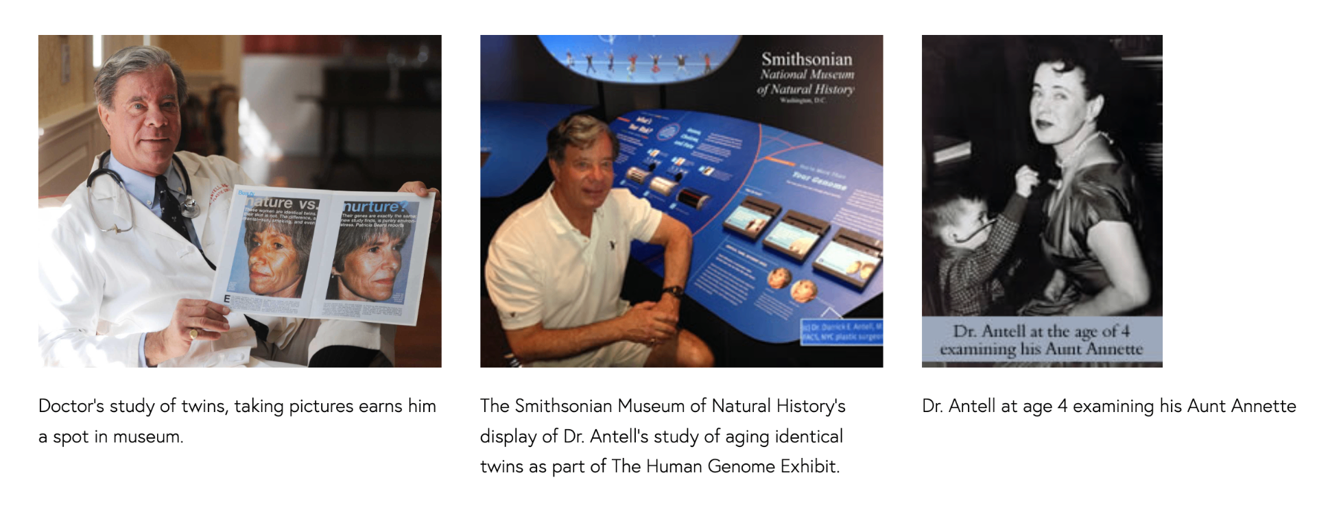 Dr. Darrick Antell's twin study featured in the Smithsonian National Museum of Natural History's Human Genome exhibit, with archival photographs