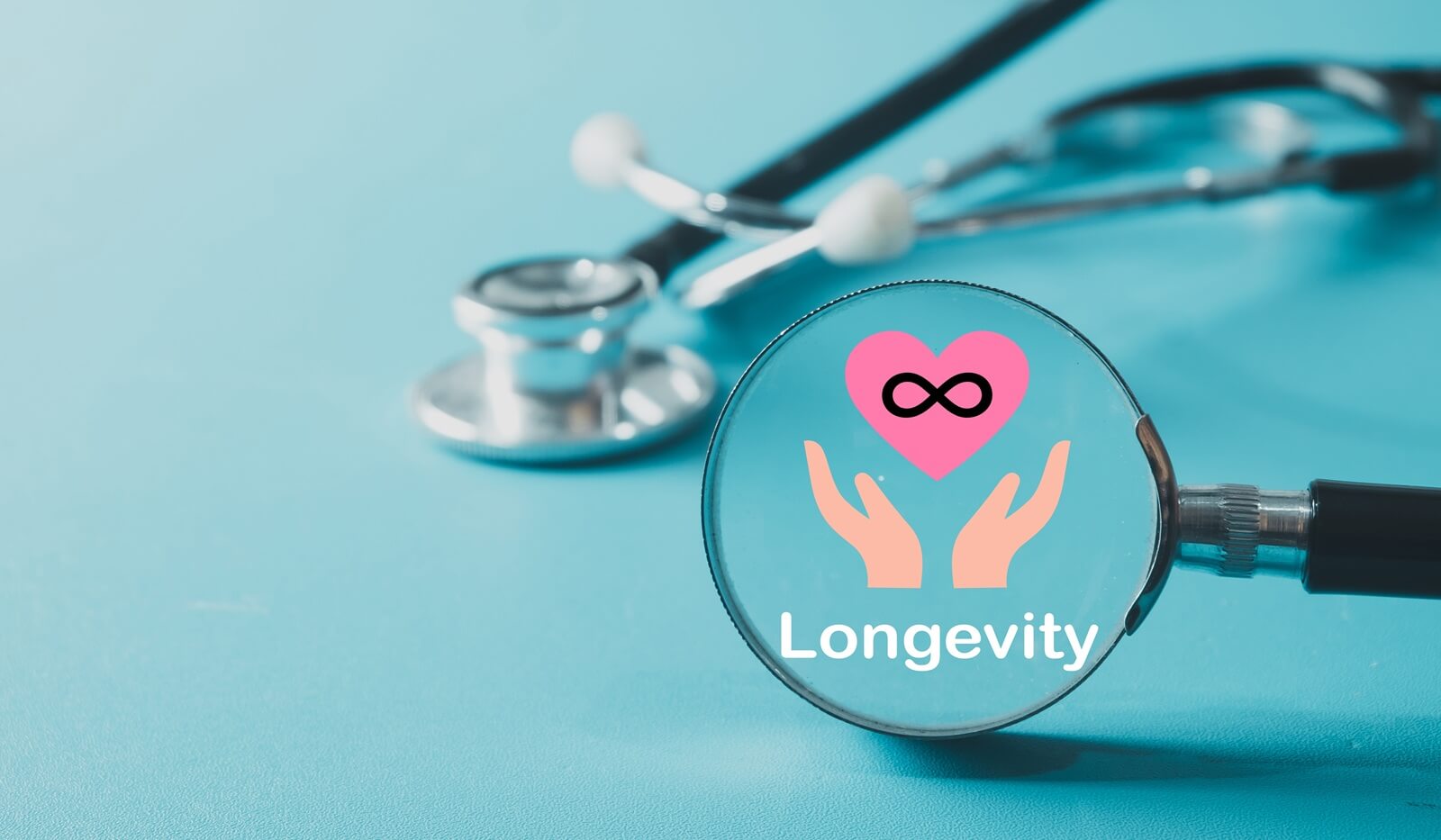 magnifying glass focuses on an infinity heart icon,symbolizing wellness,anti-aging science,and a healthy lifestyle for a long life with vitality and well-being